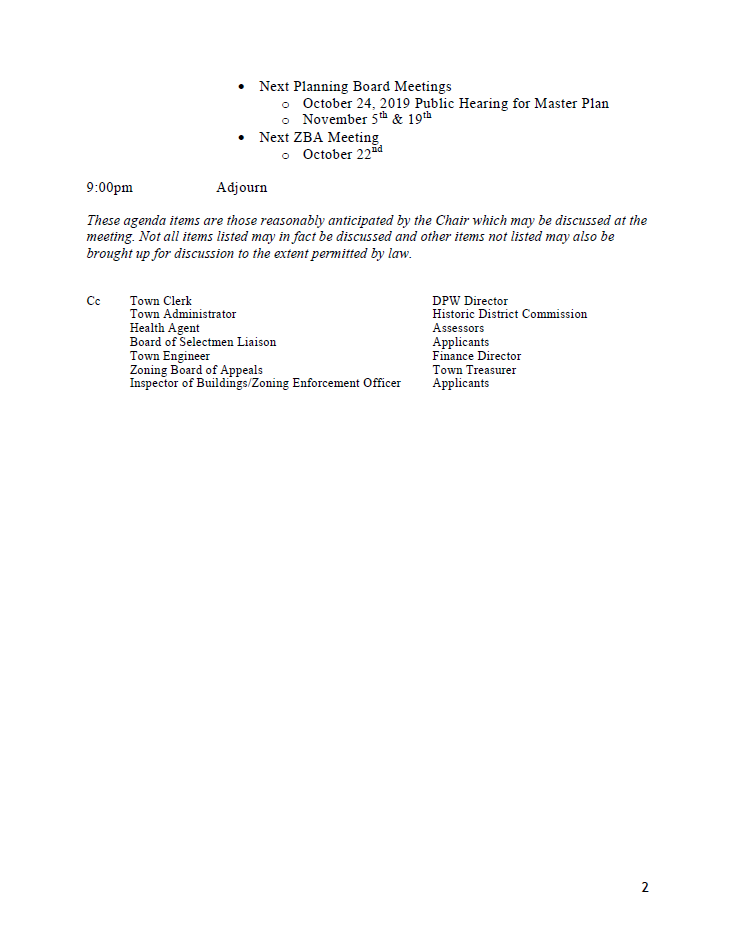 This is page 2 of the agenda for the October 17, 2019 meeting of the planning board