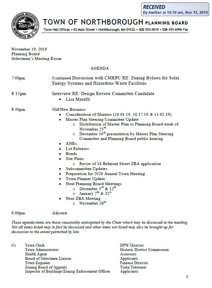 this is the agenda for the november 19, 2019 meeting of the northborough planing board
