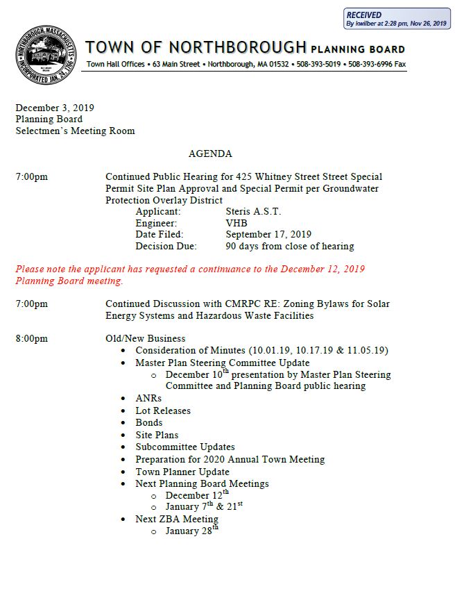 this is page one of the tuesday, december 3, 2019 meeting of the Northborough Planning Board