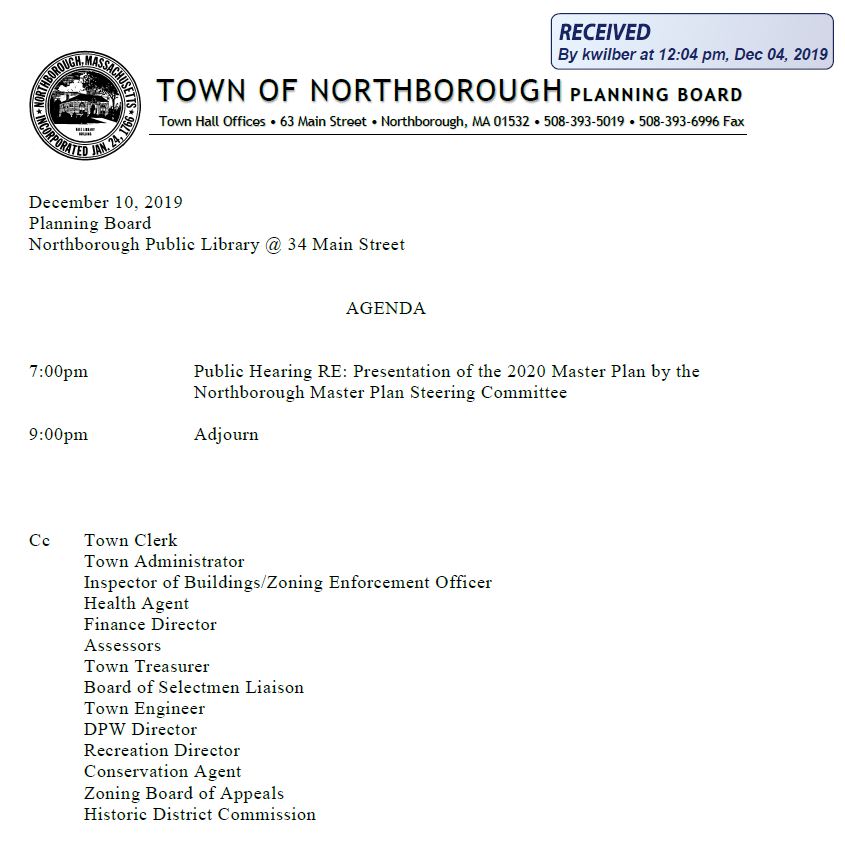 this is the agenda for the december 10, 2019 planning board meeting in northborough, MA