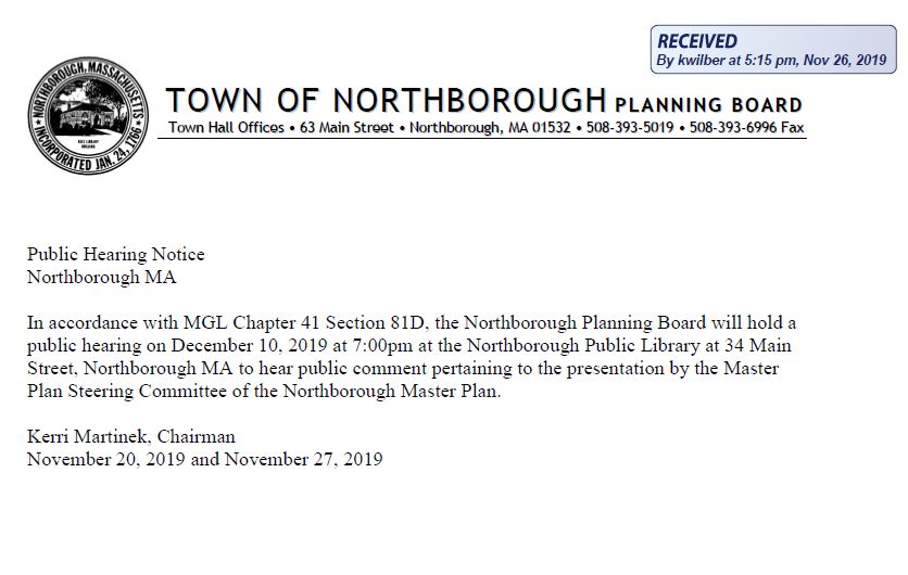 this is a public hearing notice that the northborough planning board will be holding a public hearing on december 10, 2019 at 7 pm at the library to hear the completed master plan