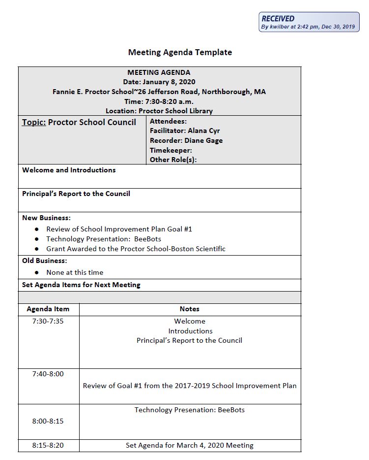this is the agenda for the january 8, 2020 meeting of the proctor school council meeting
