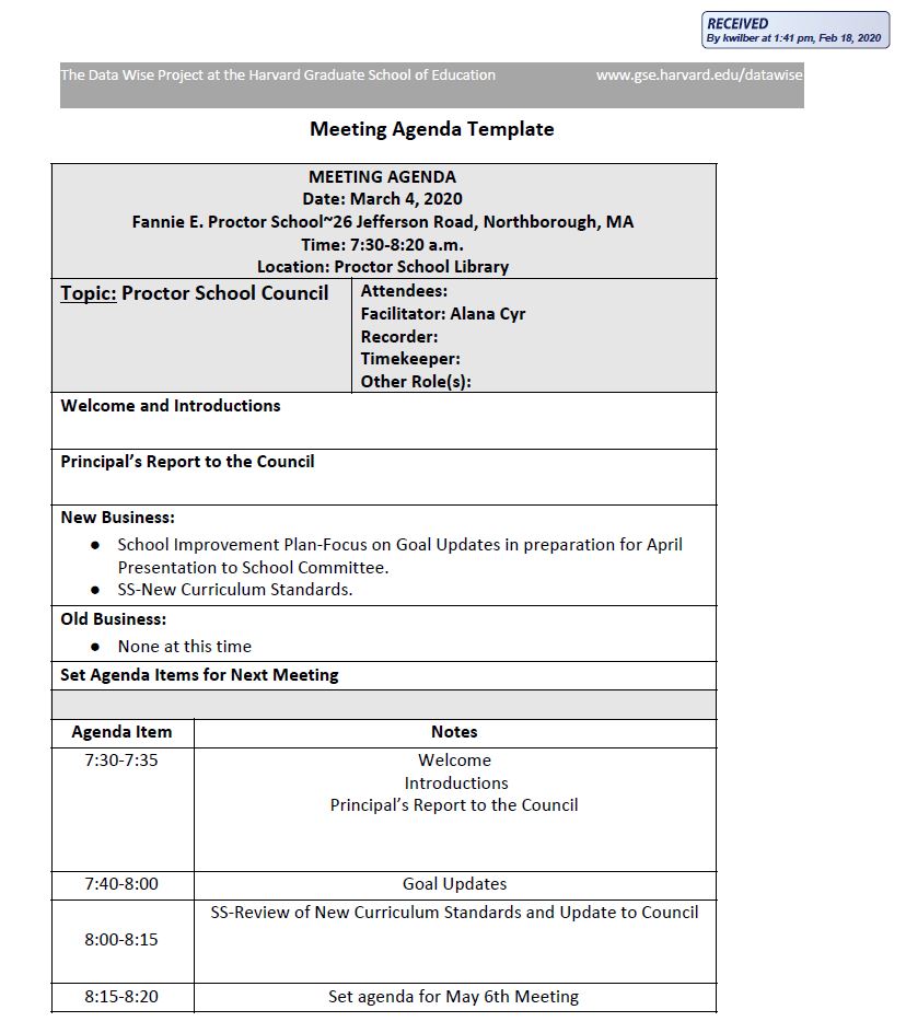 this is the agenda for the march 4, 2020 fannie e. proctor school council meeting