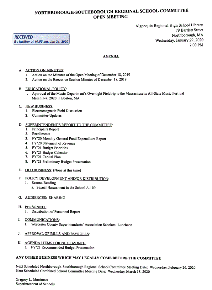 this is the january 29, 2020 agenda for the meeting of the northborough-southborough regional school committee 
