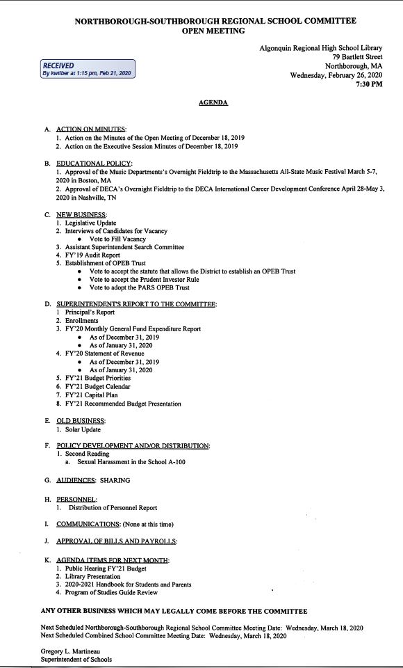 this is the agenda for the february 26, 2020 meeting of the northborough southborough regional school committee