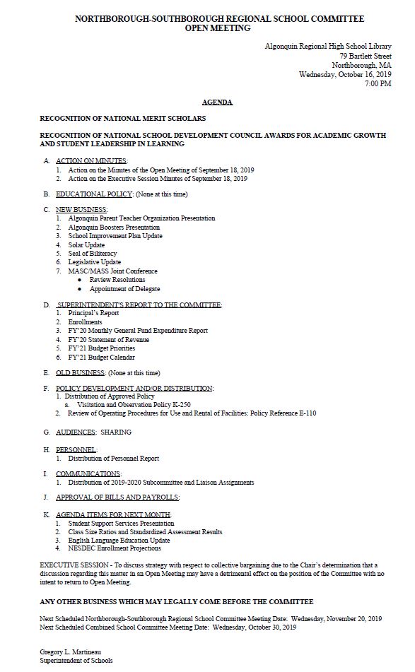 This is the agenda for the october 16, 2019 meeting of the northborough southborough regional school committee