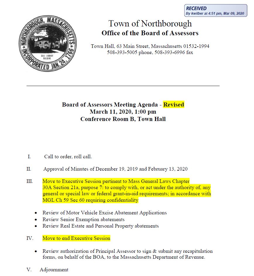 this is the revised agenda for the march 11, 2020 meeting of northborough's board of assessors