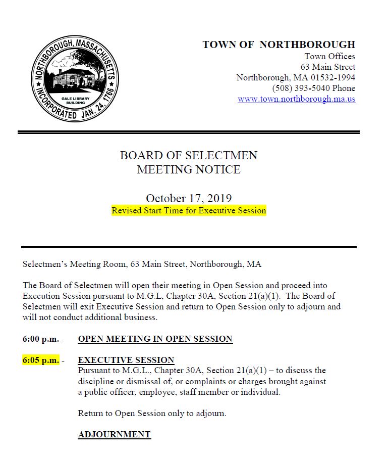 This is the revised agenda for the october 17, 2019 meeting of the board of selectmen
