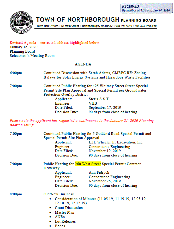 this is page 1 of the january 16, 2020 agenda for the northborough planning board