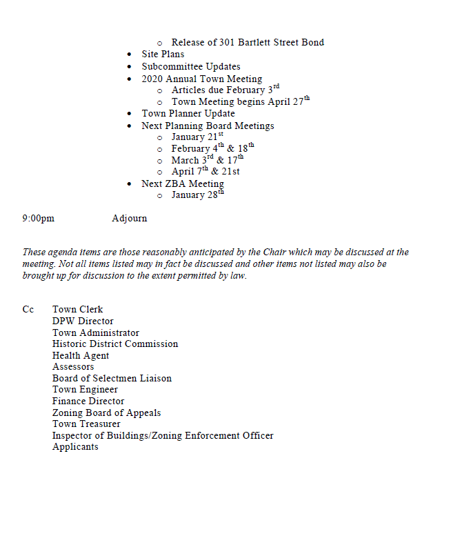 this is page 2 of the january 16, 2020 agenda for the northborough planning board