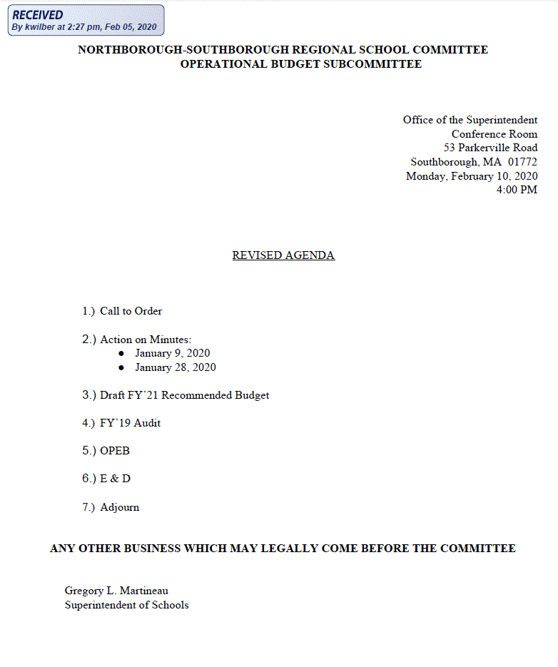 this is the revised agenda for the february 10, 2020 meeting of the northborough southborough regional school committee operational budget subcommittee