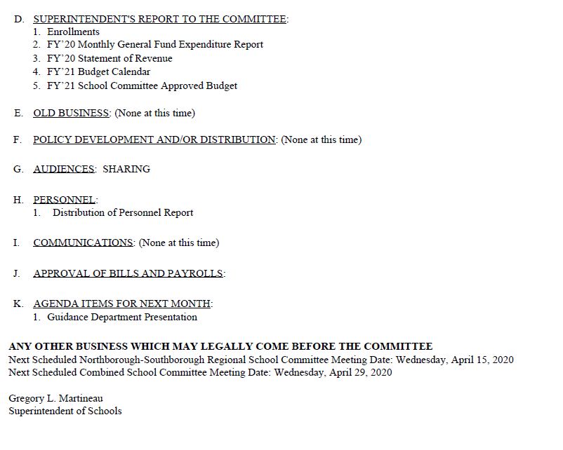 this is page 2 of the revised agenda for the march 18, 2020 meeting of the northborough southborough regional school committee