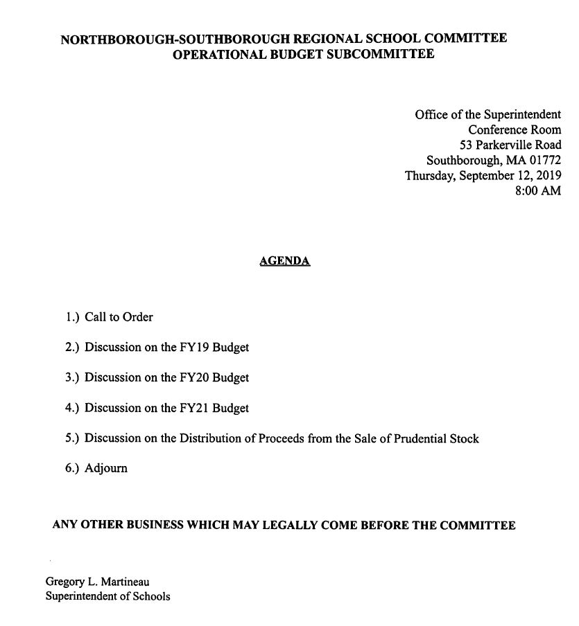 This is the agenda for the Thursday, September 12, 2019 meeting of the Northborough-Southborough Regional School Committee Operational Budget Subcommittee.