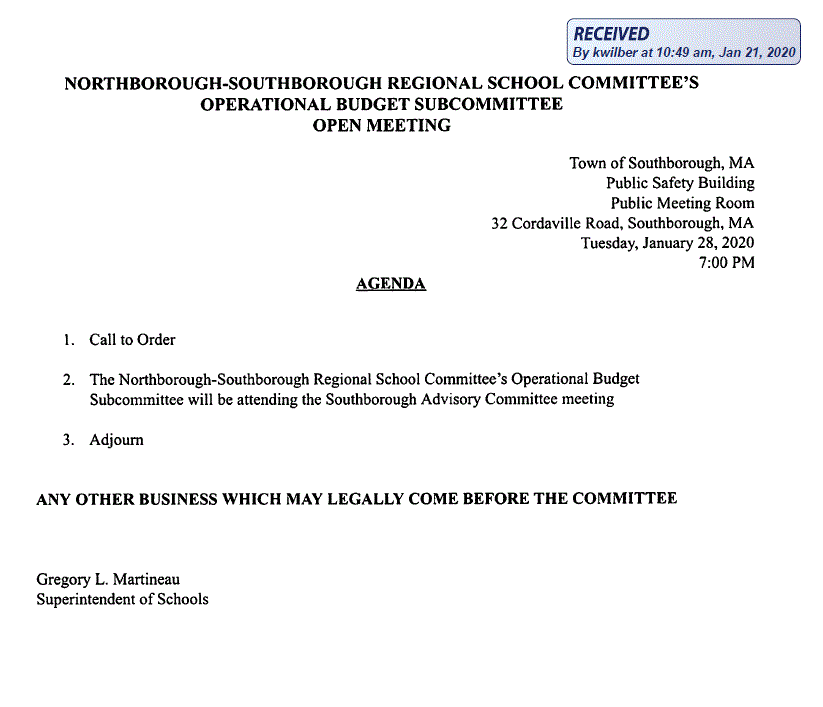 this is the agenda for the january 28, 2020 meeting of the northborough-southborough regional school committee's operational budget subcommittee open meeting