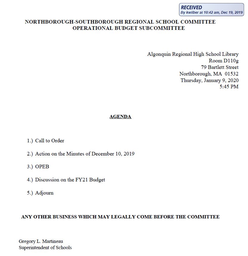 this is the agenda for the january 9, 2020 meeting of the northborough southborough regional school committee operational budget subcommittee