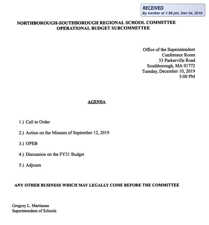 this is the agenda for the RSC Operational Budget Subcommittee in northborough, MA