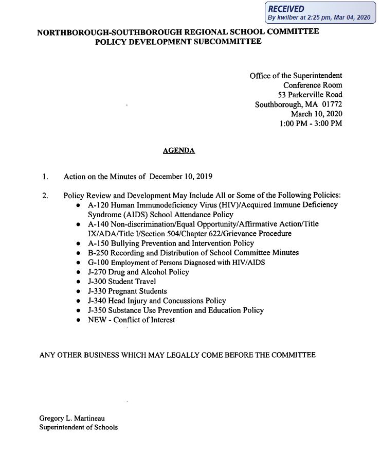 this is the agenda for the 3/10/2020 meeting of the northborough southborough regional school committee's policy development subcommittee