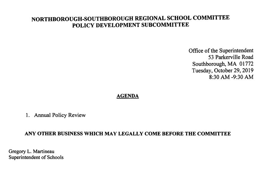 this is the agenda for the october 29, 2019 meeting of the regional school committee's policy development subcoommittee