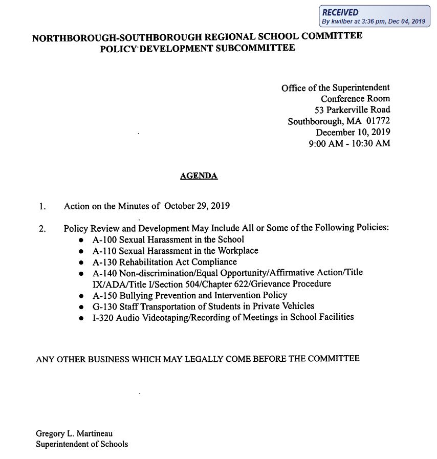 this is the agenda for the december 10, 2019 meeting of the northborough southborough regional school committee's policy development subcommittee