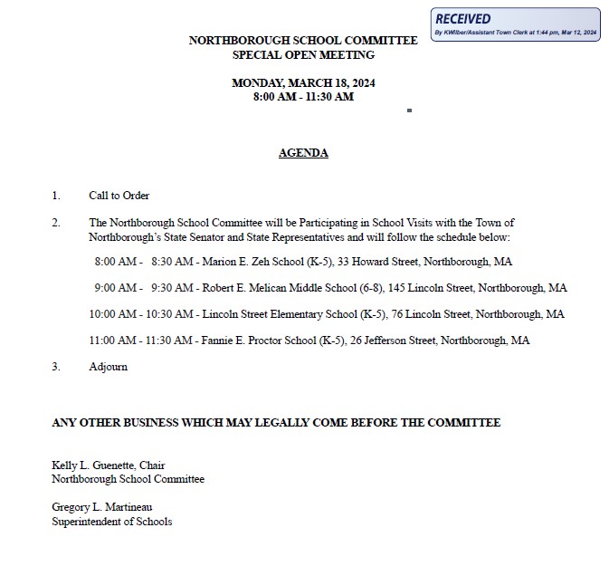 Northborough School Committee special open meeting agenda for march 18, 2024