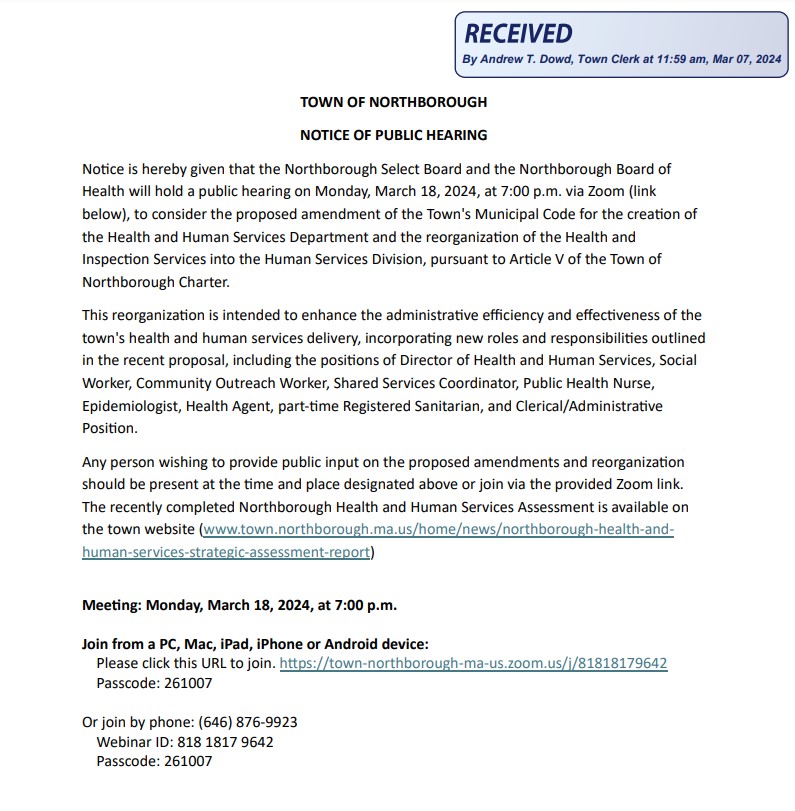 public hearing notice for select board and board of health joint meeting march 18, 2024