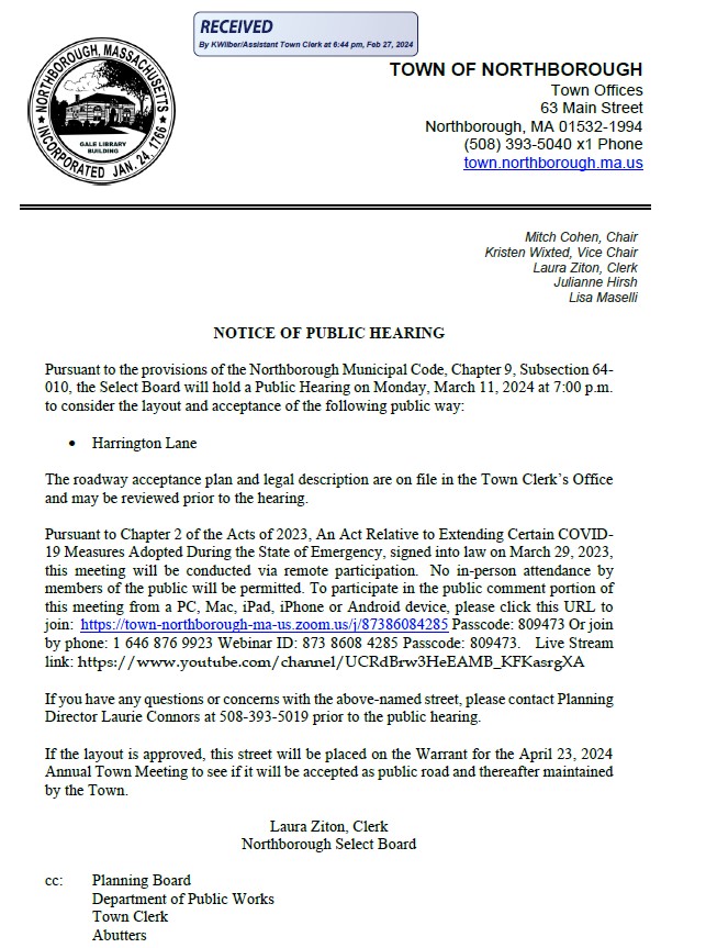 Select Board Public Hearing Notice for March 11, 2024
