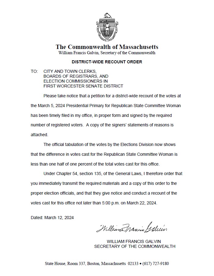 state order for recount of 1st worcester district state committee woman from march 5, 2024 primary election