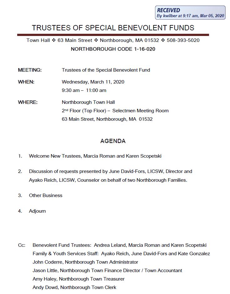this is the agenda for the 3/11/2020 meeting of northborough's board of trustees of special benevolent funds