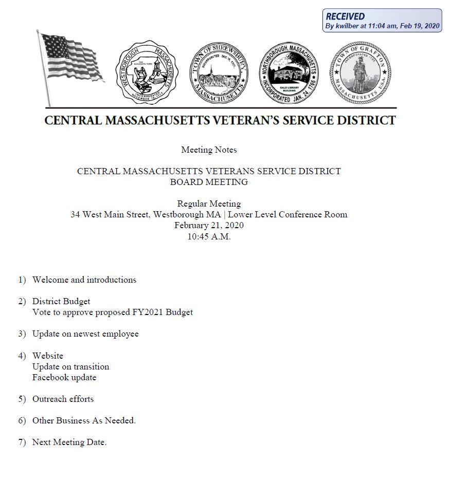 this is the agenda for the february 21, 2020 meeting of the central massachusetts veterans service district board meeting