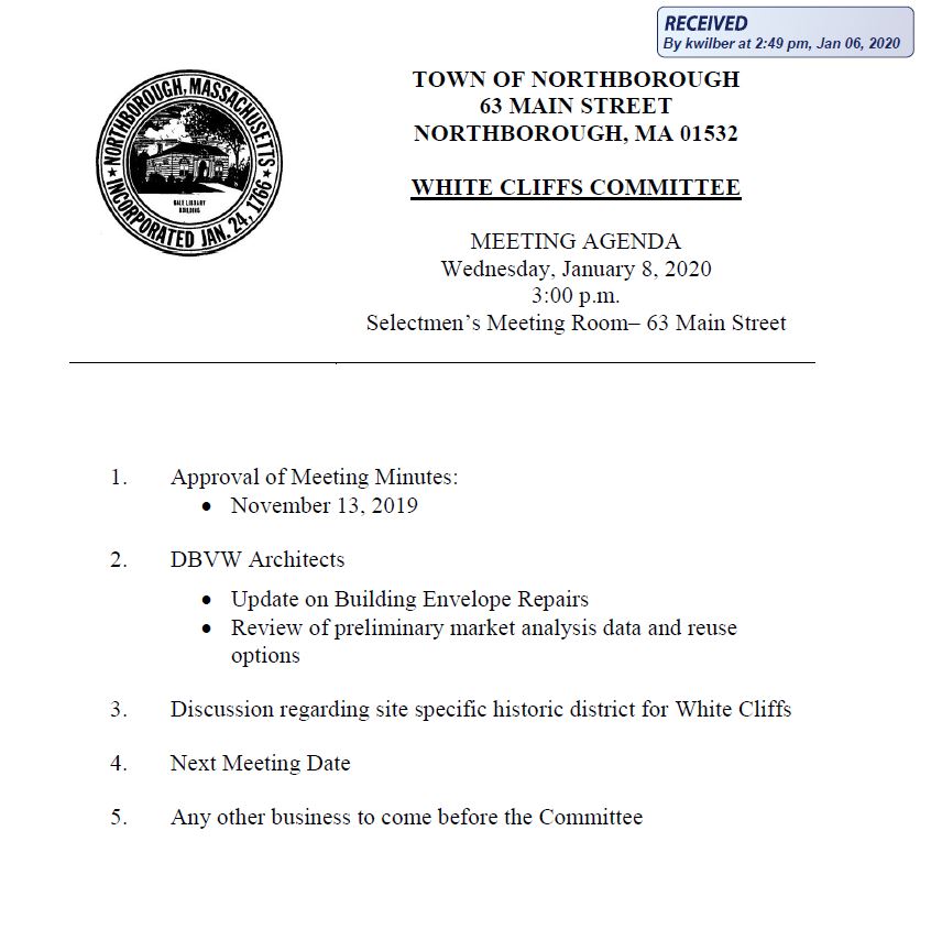 this is the agenda for the january 8, 2020 meeting of the northborough white cliffs committee