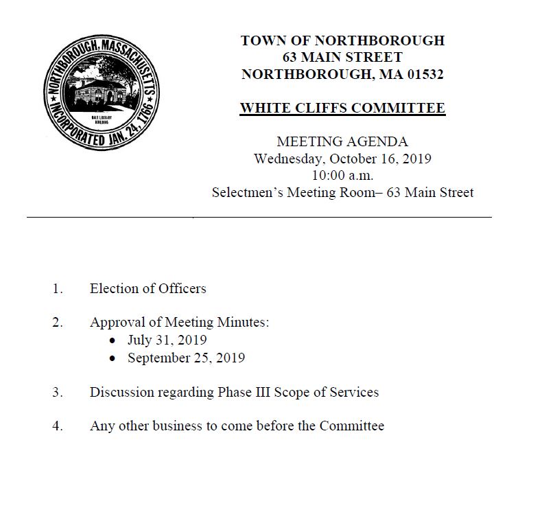 This is the agenda for the October 16, 2019 meeting of the White Cliffs Committee