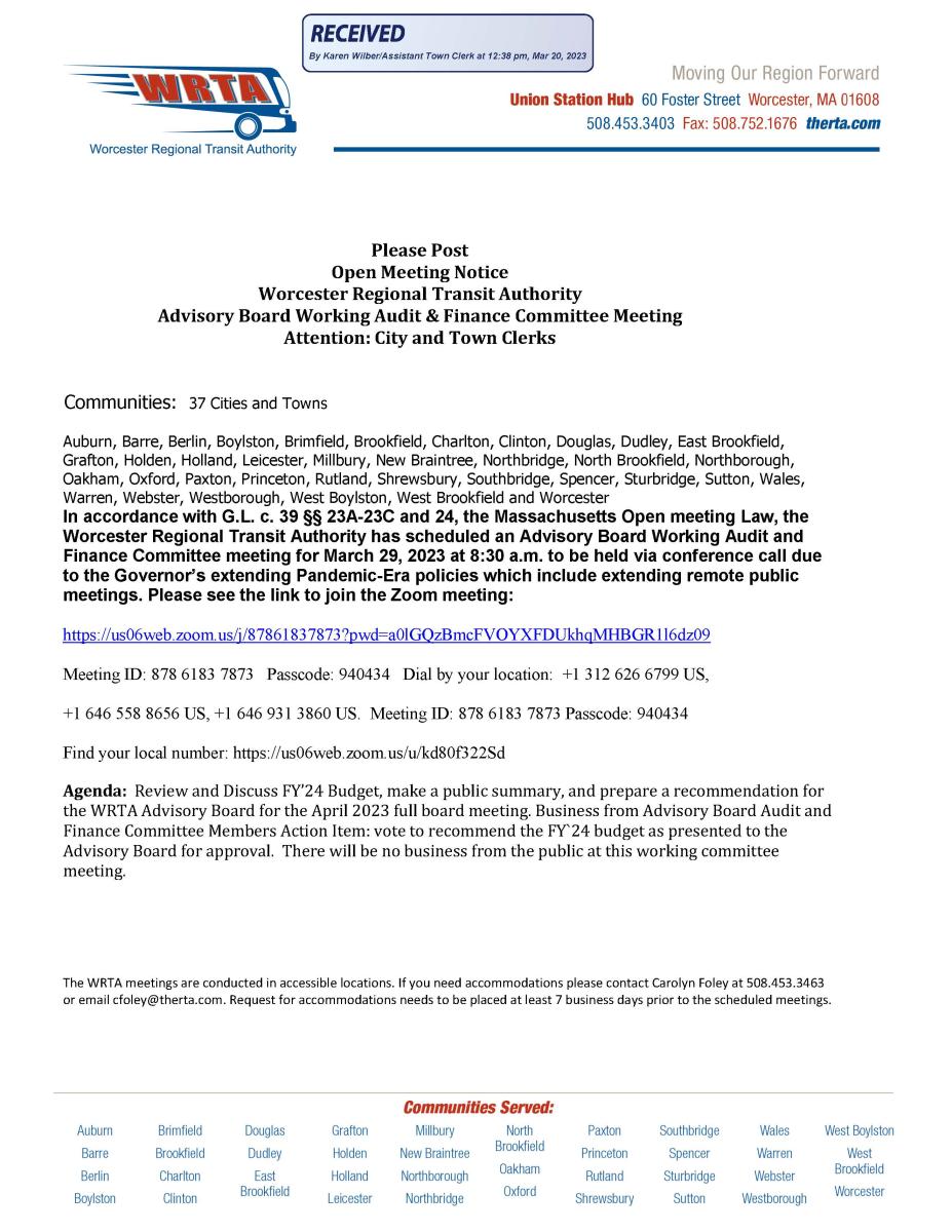 March 29, 2023 agenda for wrta advisory board working audit and finance committee