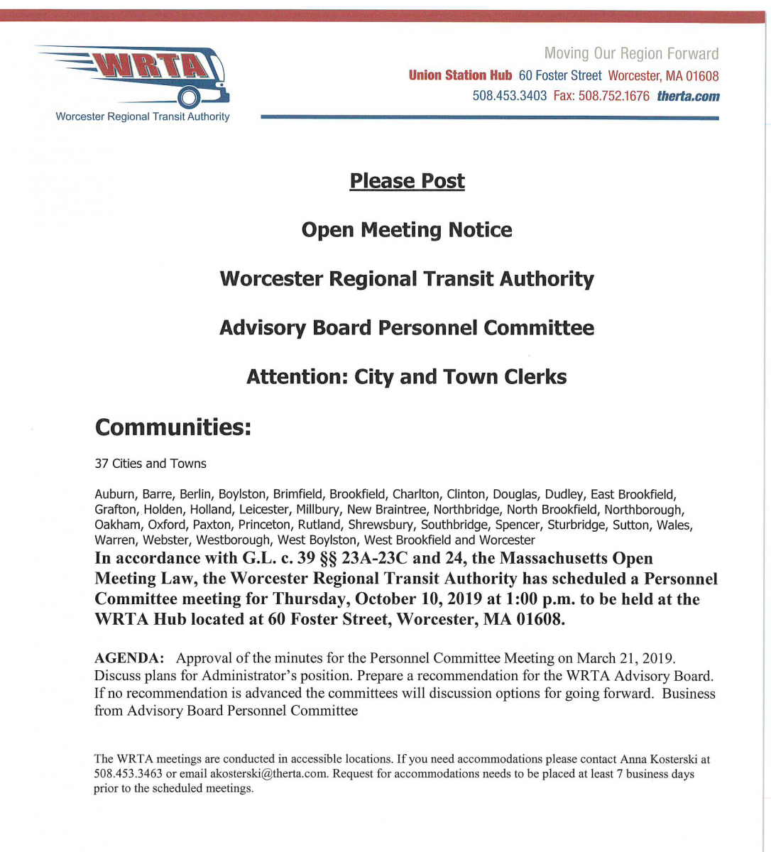 This is the agenda for the October 10, 2019 meeting of the WRTA Personnel Advisory Board