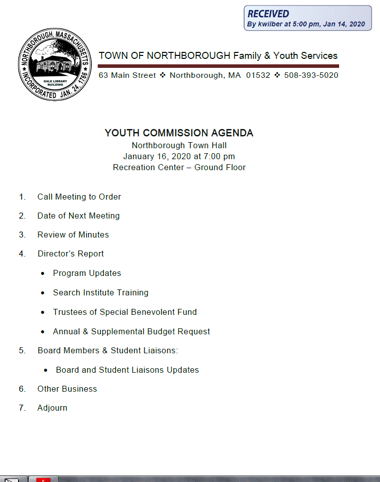 this is the agenda for the january 16, 2020 meeting of the northborough youth commission