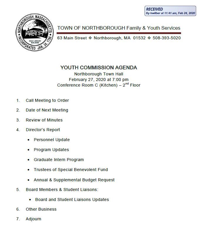 this is the agenda for the february 27, 2020 meeting of northborough's youth commission