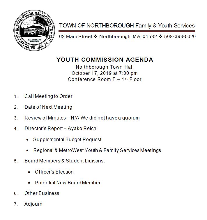 This is the agenda for the october 17, 2019 meeting of the youth commission