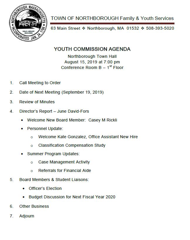 this is the august 15,2019 agenda for the youth commission