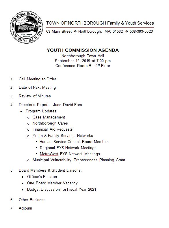 This is an agenda for the Thursday, September 12, 2019 meeting of the Youth Commission.