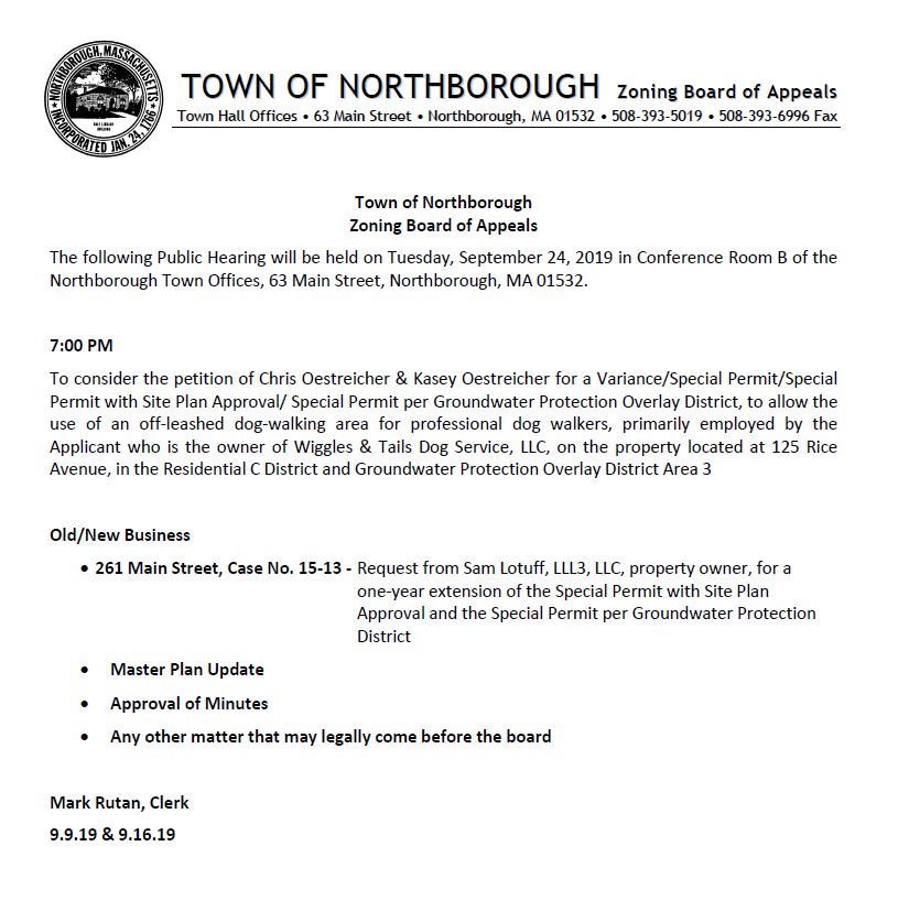 This is an agenda for the September 24, 2019 meeting of the Town of Northborough's Zoning Board of Appeals