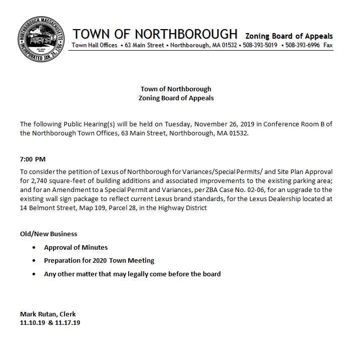 this is the agenda for the november 26, 2019 meeting of the zoning board of appeals