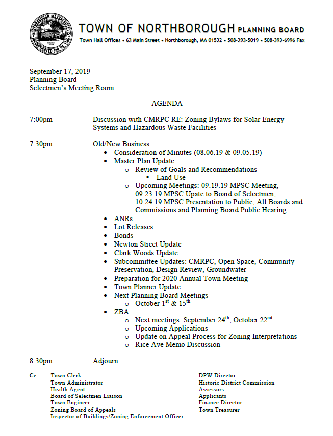 Planning Board agenda 9/17/19