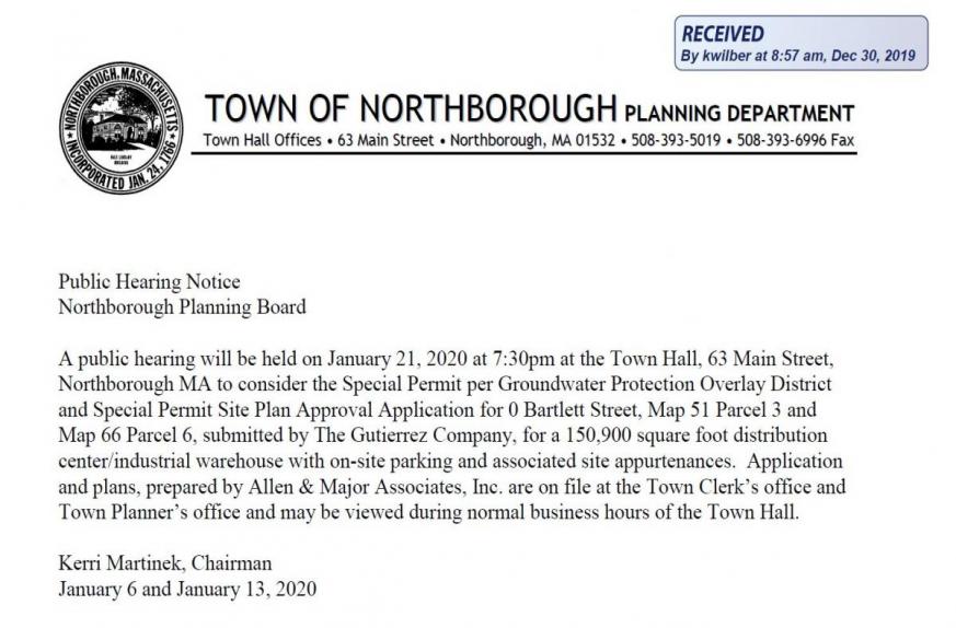 this is the posting for the january 21, 2020 public hearing for the northborough planning board