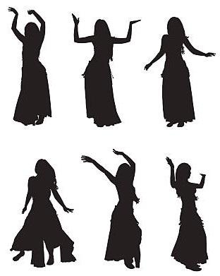 Six silhouette figures belly dancing