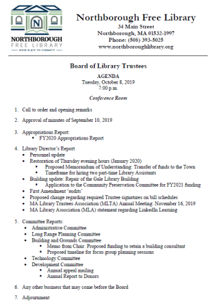 library trustees agenda 10/08/2019