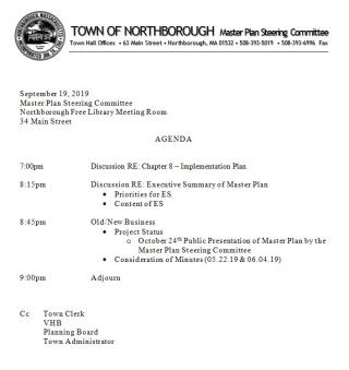 This is an image of the agenda for the Thursday, September 19, 2019 meeting of the Master Plan Steering Committee