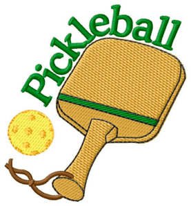 Pickleball racket with leather wrist band and yellow ball