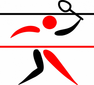 Red and Black line figure of Pickleball player with racket raised