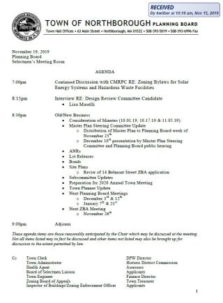 this is the agenda for the november 19, 2019 meeting of the northborough planing board